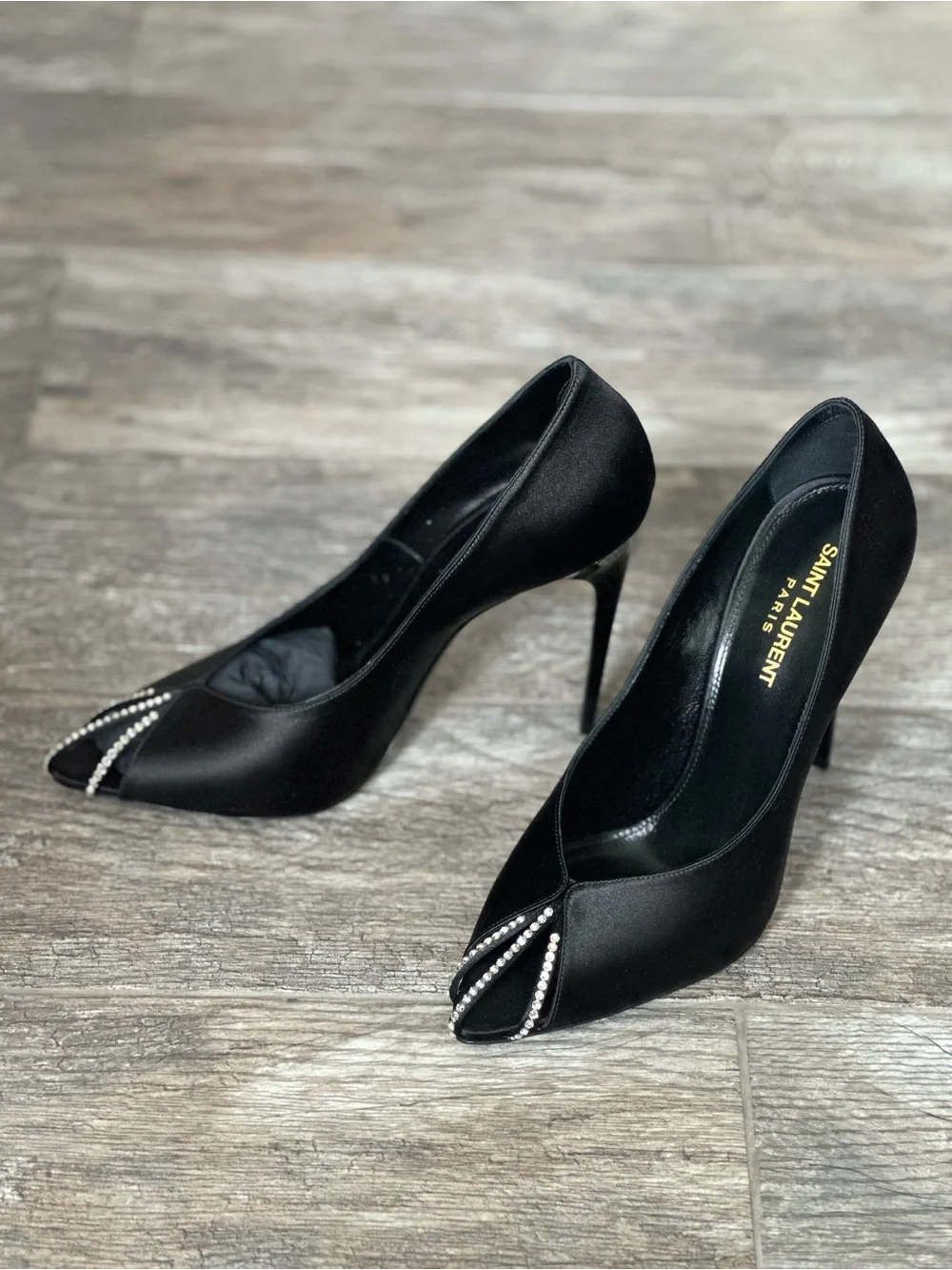 Saint Laurent Black Pointed Toe Stiletto Heels Crystal Detail Nero Silver Shade - Picture 1 of 16